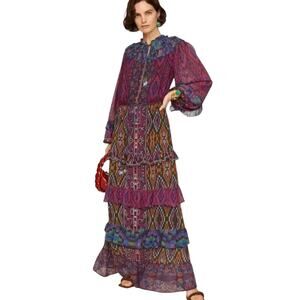 Farm Rio Beaded Tassel Tapestry Maxi Dress - Balloon Sleeves - Multicolor - XS